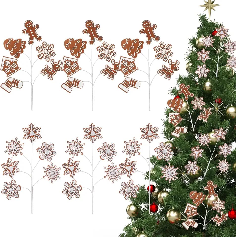 Gejoy 6 Pcs 17'' Gingerbread Man Christmas Tree Picks Ornaments Gingerbread Snowflake Elk Christmas Decorations Artificial Felt Branch Tree Topper for Xmas Vase Filler Craft Holiday Indoor Party Decor