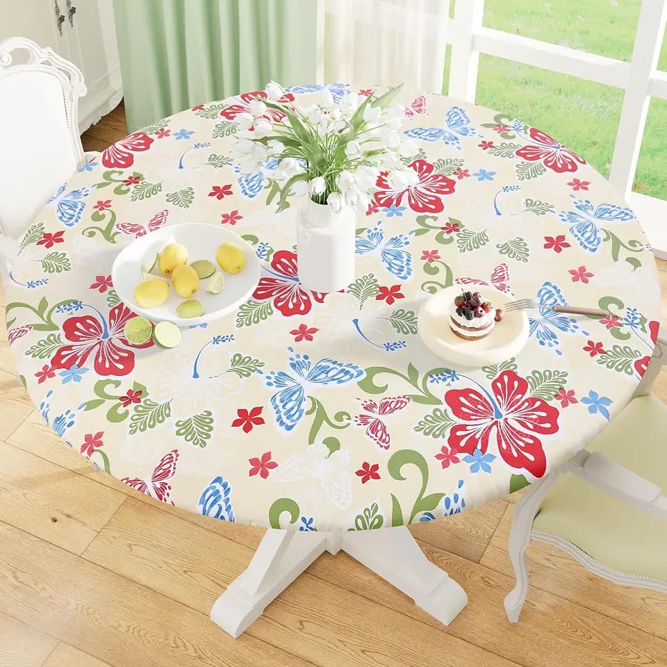 misaya Round Fitted Tablecloth with Elastic Edge, 100% Waterproof Oil Proof Plastic Table Cover, Vinyl Flannel Backed Tablecloth Fits 45"-56" Round Tables for Dinner, Outdoor, Picnic, Butterfly