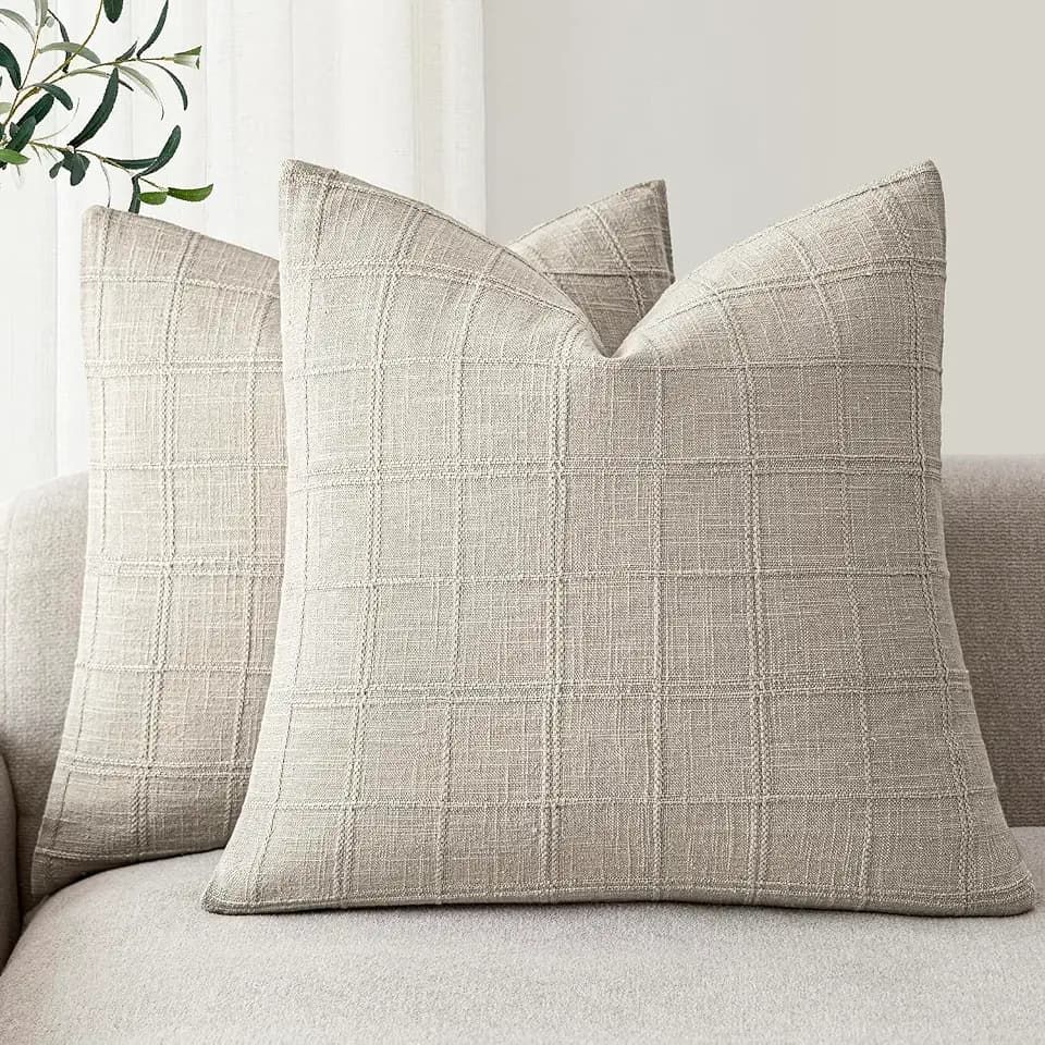 Foindtower Boho Linen Check Decorative Throw Pillow Covers 20×20 Light Grey