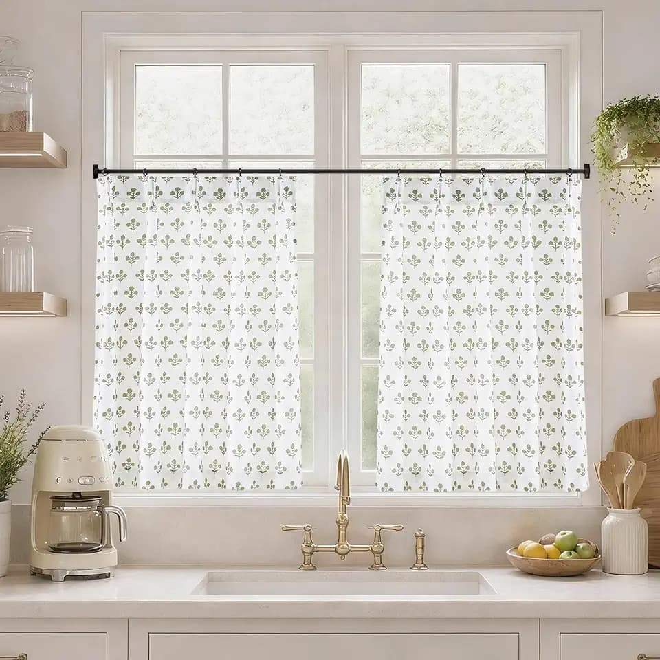 Floral Cafe Curtains 36 Inch Length for Kitchen Small Window Sage Green Flower Curtains
