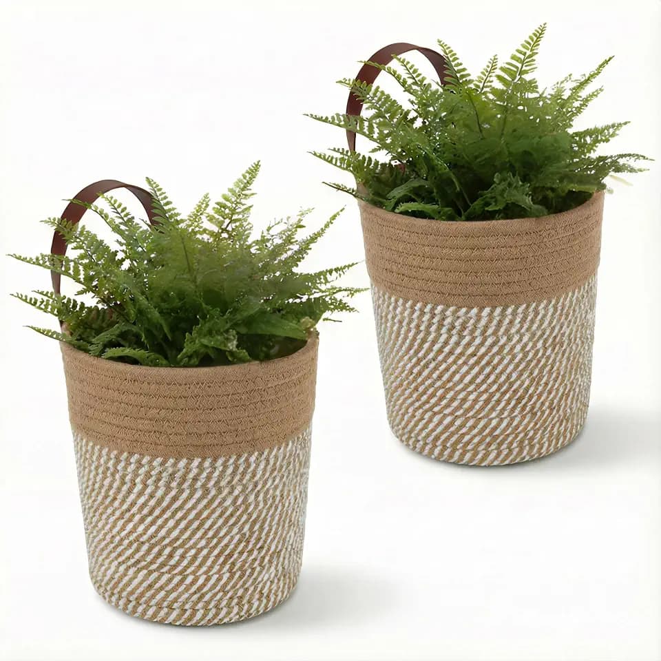 2Pack Natural Jute Hanging Baskets 7 * 8 in, Round Woven Wall Decor & Storage Planter for Plant Decor and Home Organization,Walls Basket for Bedroom, Living Room, Bathroom,Boho Decor (Brown)