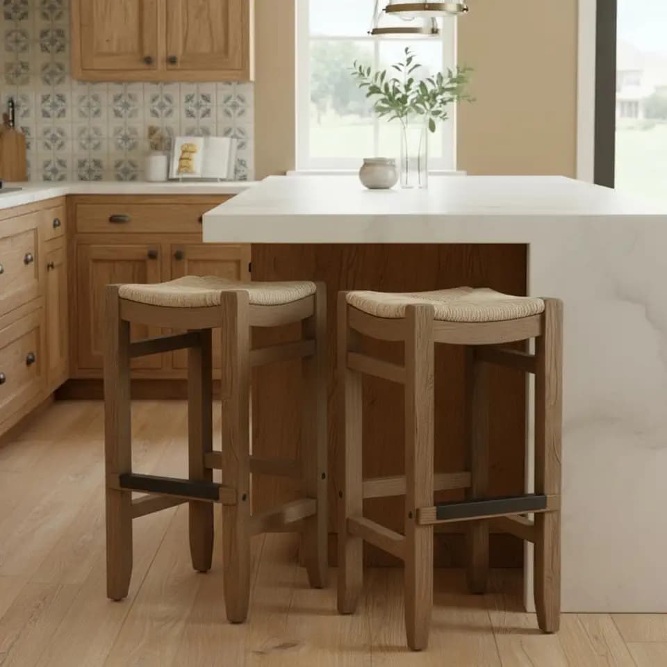 Alaterre Furniture Newport Bar Stool Set of 2-30 Inch Counter Height Bar Stools with Backless Natural Seagrass Rush Seat - Wood Barstools for Kitchen and Dining Room Seating (Natural)