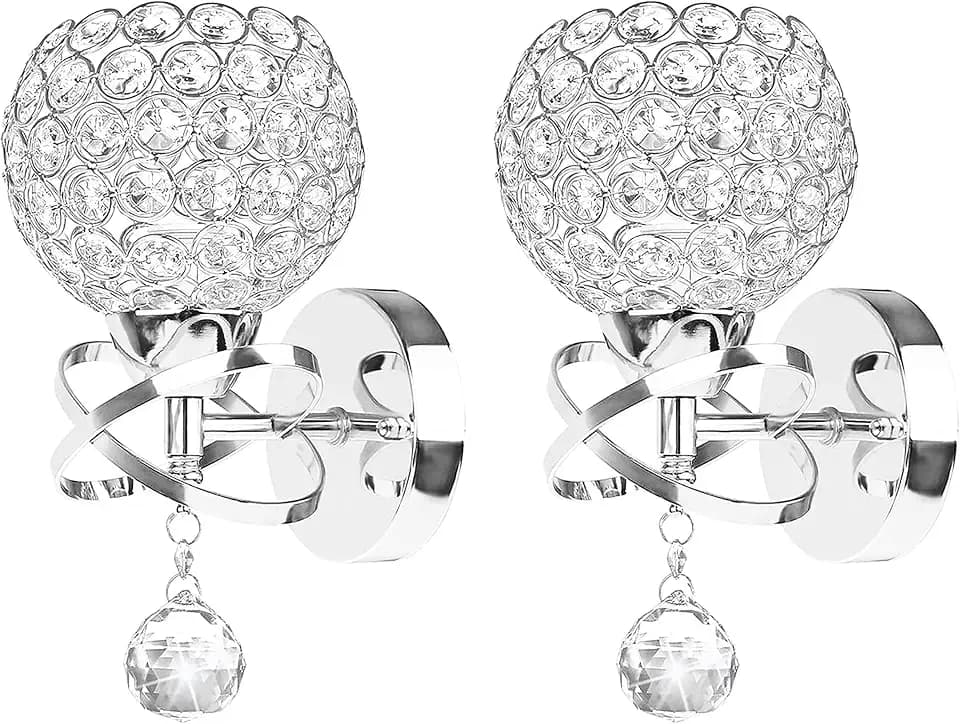 TISLYCO Crystal Wall Sconces Set of Two, Modern Wall Light Sconces Wall Lighting with Hanging Crystal Ball, Wall Mount Lamp Bedside Wall Lamp Silver Sconces Wall Light for Bedroom Living Room Hallway