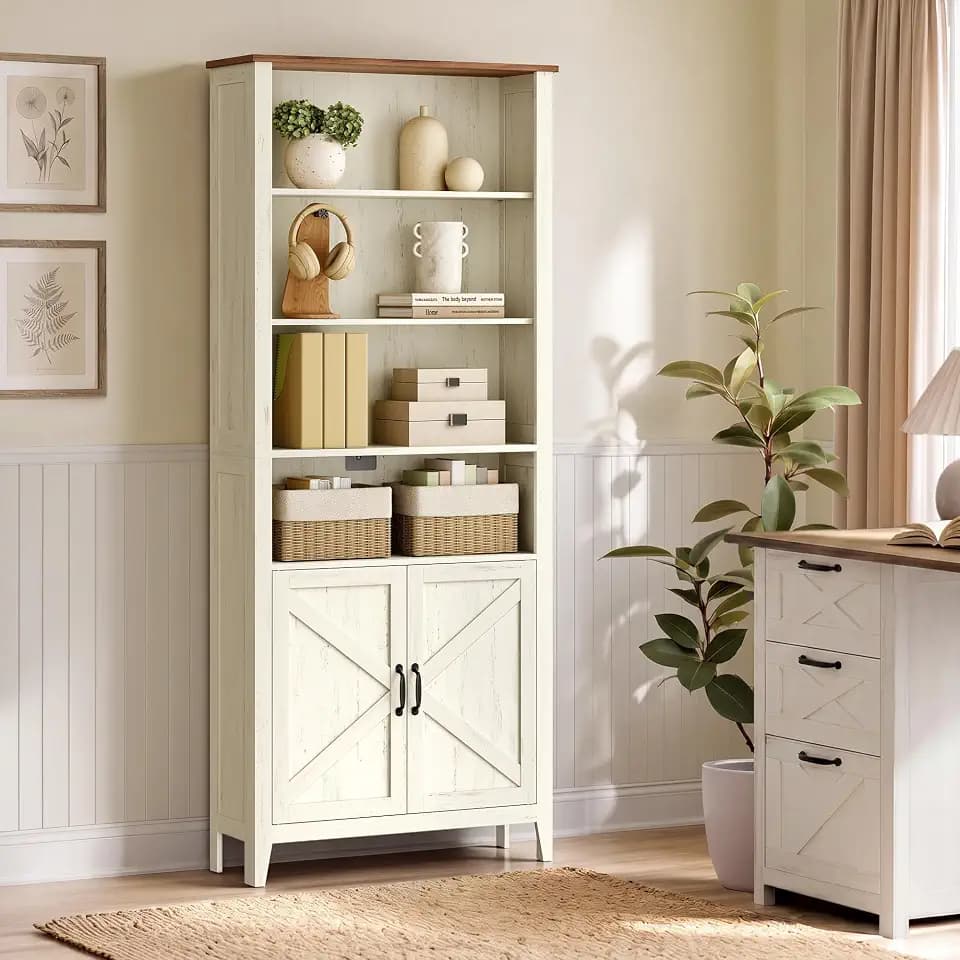 VASAGLE Farmhouse Bookshelf, 6-Tier Bookcase with Doors