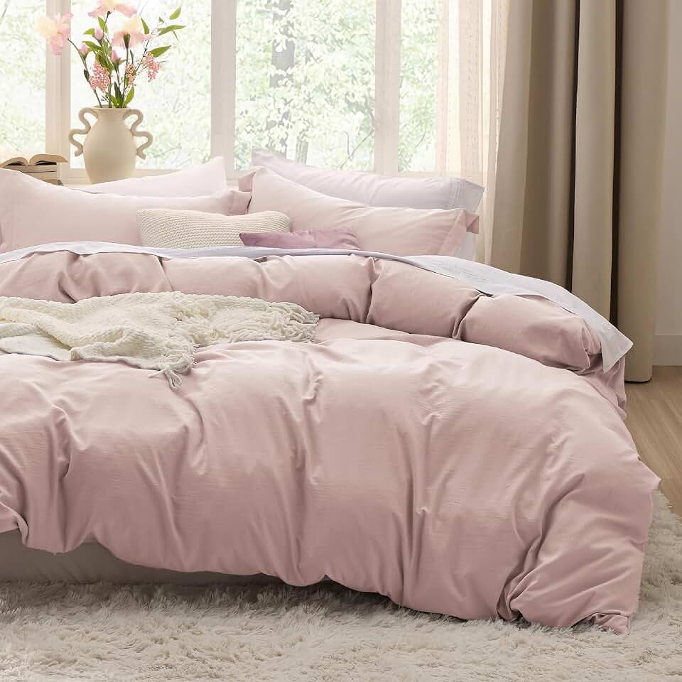 Bedsure Prewashed Duvet Cover Full, Cotton-Like Soft Bedding Set, Rose Pink