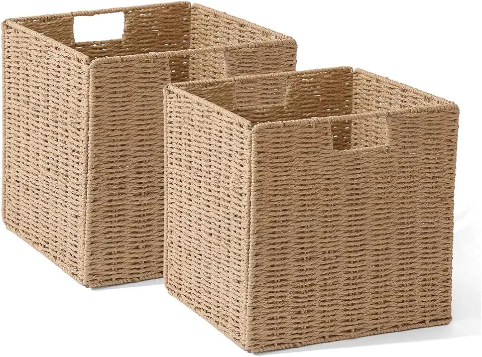 Wicker Storage Baskets for Shelves 12x12x12in, Set of 2 Hand-Woven Paper Rope Wicker Basket,Foldable Cube Storage Bins, Natural Color Storage Cubes, Square Baskets for Organizing Decor