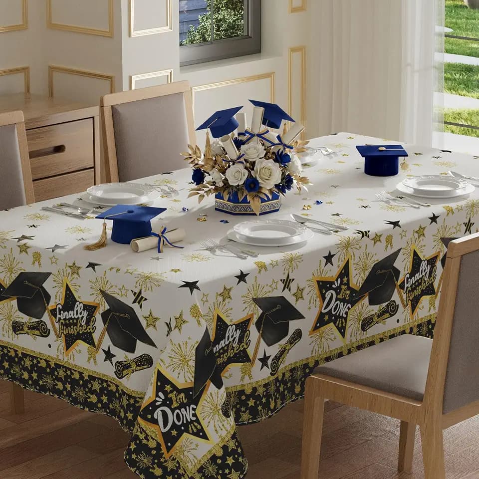 XCHI Finally Finished Grad Cap Firework Stars Graduation Tablecloth Rectangle Table Cloth Table Covers for Indoor Dining Home Party Decorations 60x120 Inch