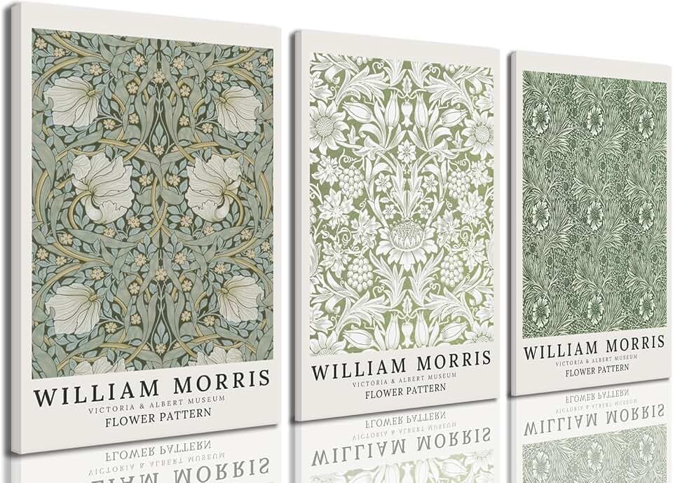 Aglcatie William Morris Wall Art Set of 3, Green Botanical Floral Gallery Wrapped Canvas Prints, Vintage Flower Market Pictures for Living Room, Bedroom or Office, 12 x 16 Inch