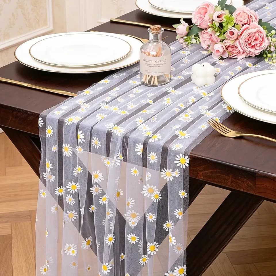 10FT White Daisy Summer Tulle Table Runner 120 Inch Seasonal Flower Sheer Gauze Table Runner Dining Birthday Party Wedding Christmas Holiday Decor for Home Party Decorations