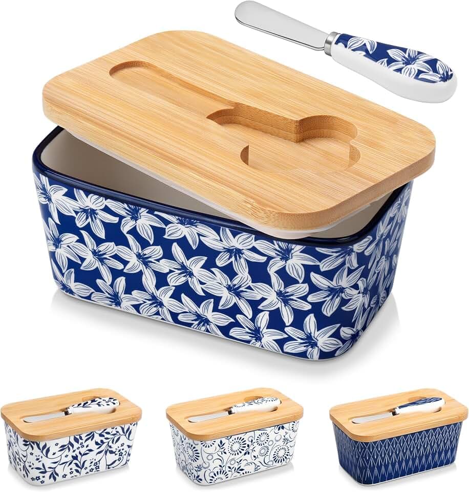 vancasso SELENE Butter Dish with Lid, 6.5" Large Butter Dish for Countertop, Ceramic Butter Keeper Container with Knife and Bamboo Lid, Blossom Cluster Pattern
