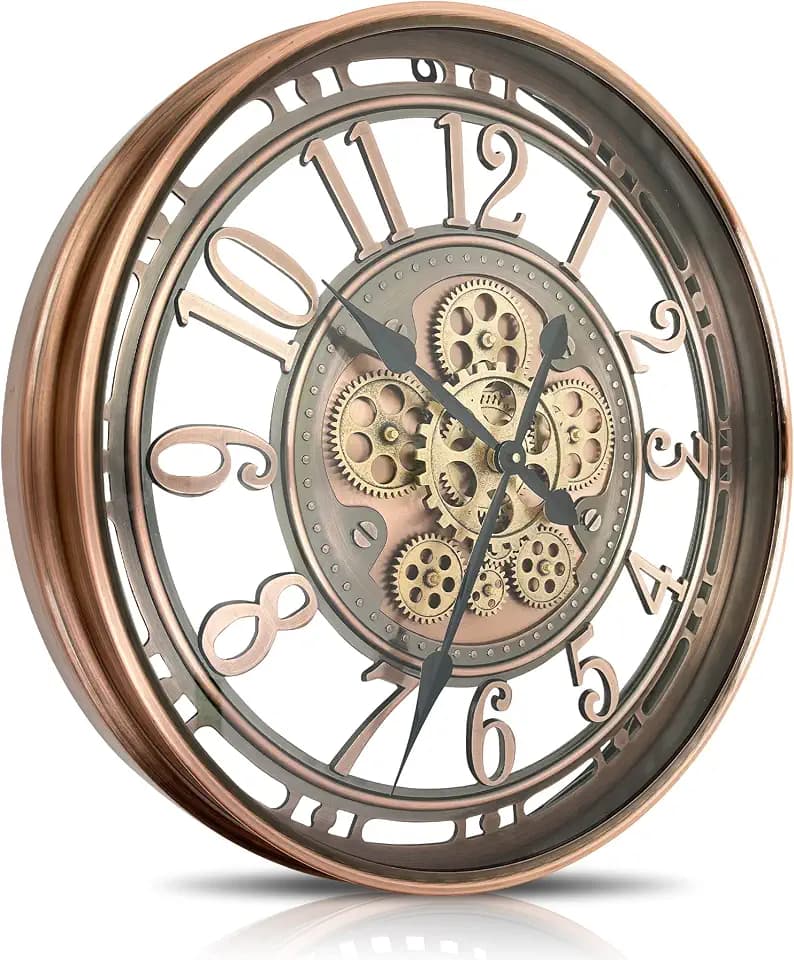 Real Moving Gears Wall Clock Large Modern Metal Clocks for Living Room Decor, Industrial Steampunk Unique Vintage Rustic Decorative Clock for Home Farmhouse Office, 21 Inch Red Copper Arabic