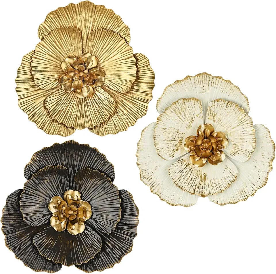 DILATATA 3 Pcs Metal Flower Wall Art Set 10 Inch Rustic Modern Floral Sculpture 3D Metal Flower Wall Hanging Accent for Indoor Living Room Bedroom Kitchen Bathroom Garden Patio Decor - Mixcolor