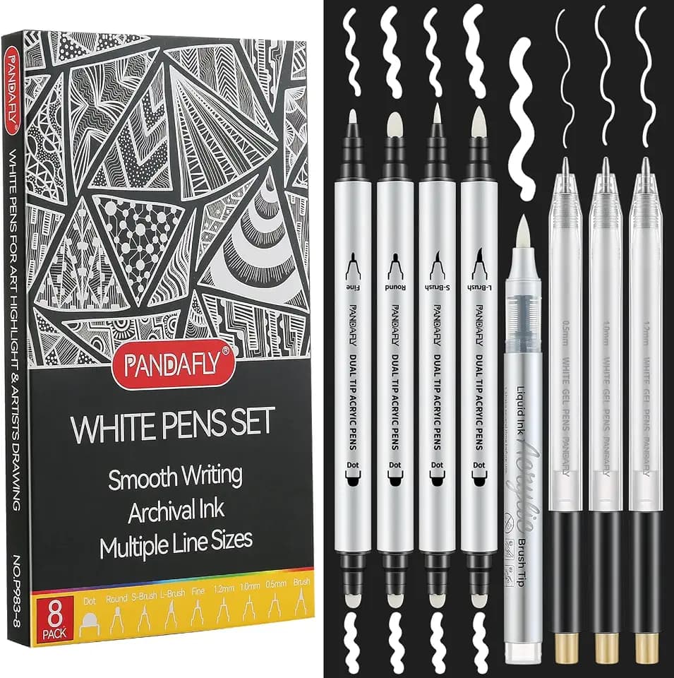 PANDAFLY 8 Pack White Pens Set, White Gel Pens, Dual-Tip Acrylic Paint Pens