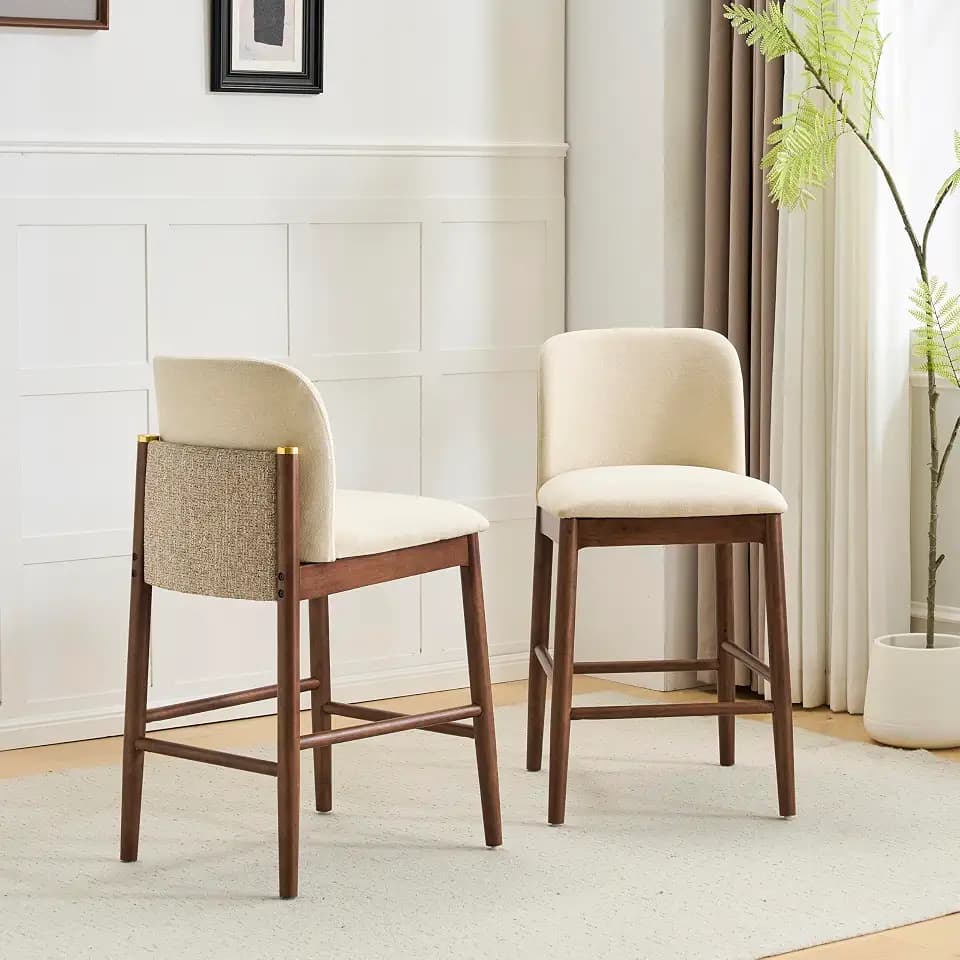 Christopher Knight Home Yumi Counter Height Bar Stools Set of 2, Fabric Upholstered Bar Stool for Kitchen Island, Armless Rubberwood Counter Stools with Solid Backrest + Footrest, Beige + Dark Walnut