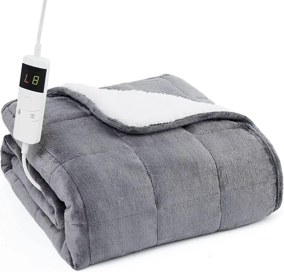 Homemate Heated Weighted Blanket - 62"x84" 20lbs Electric Blanket Fast Heating Heavy Throw Blanket 1/2/4/6/8 Hour Auto Off 10 Heat Settings Over-heat Protection Flannel Sherpa Winter Blanket for Adult