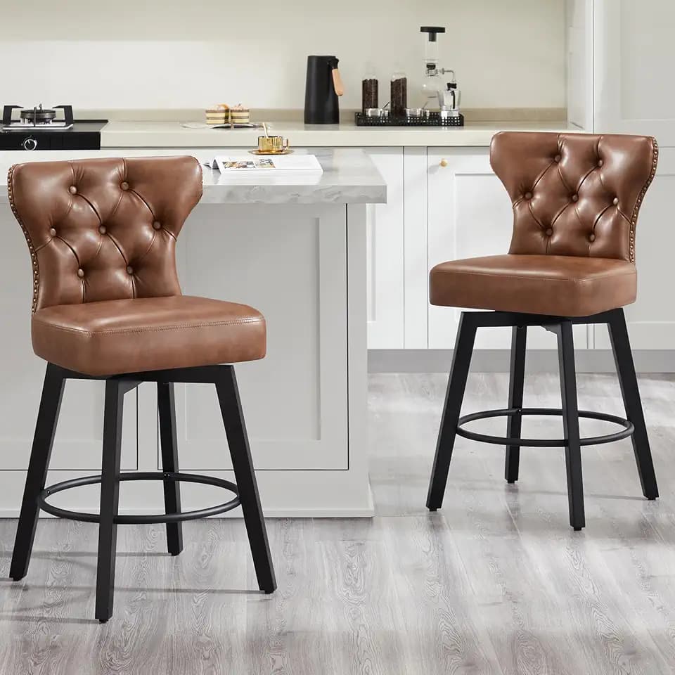 Counter Height Barstools 26 inch Upholstered Button Tufted Swivel Bar Stools with Back and Wood Legs for Kitchen Island,Set of 2,Brown-Nailhead Trim