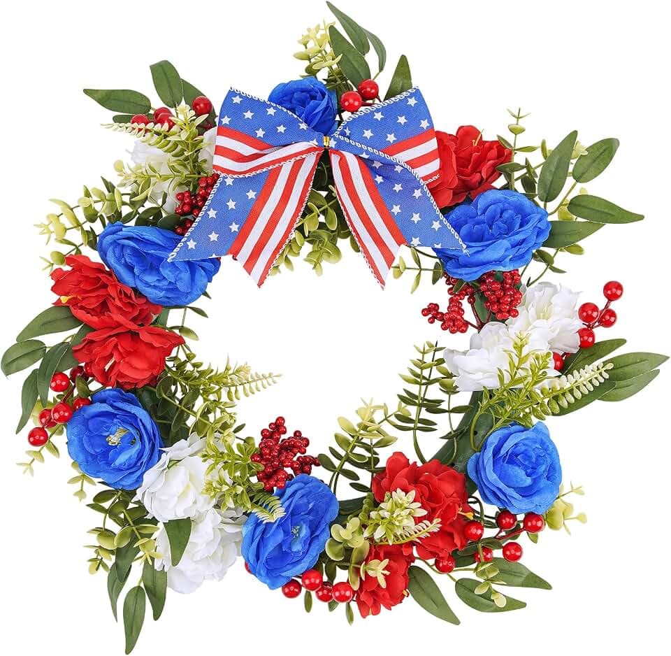 16 Inch Patriotic Wreath for Front Door, Red White Blue 4th of July Wreath, 250th Year Patriotic Wreath Decorations, Memorial Day Independence Day Summer Decorations for Indoor Outdoor
