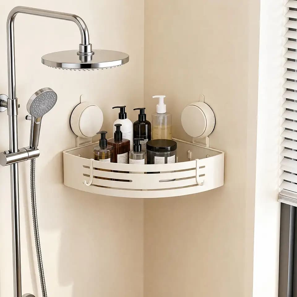 No-Drilling Corner Suction Cup Shower Caddy(1-Pack Cream White),Rust-Proof and Durable Bathroom Organizer with Towel Bar & Hooks,Modern Large-Capacity Wall-Mounted Shower Shelf