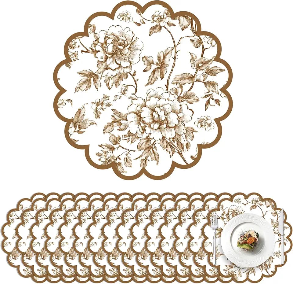 100 Pcs Fall Floral Paper Placemats 13.5 Inches Scalloped Brown Floral Paper Placemats Disposable Autumn Wildflower Place Mats for Wedding Bridal Baby Shower Thanksgiving Harvest Party Supplies
