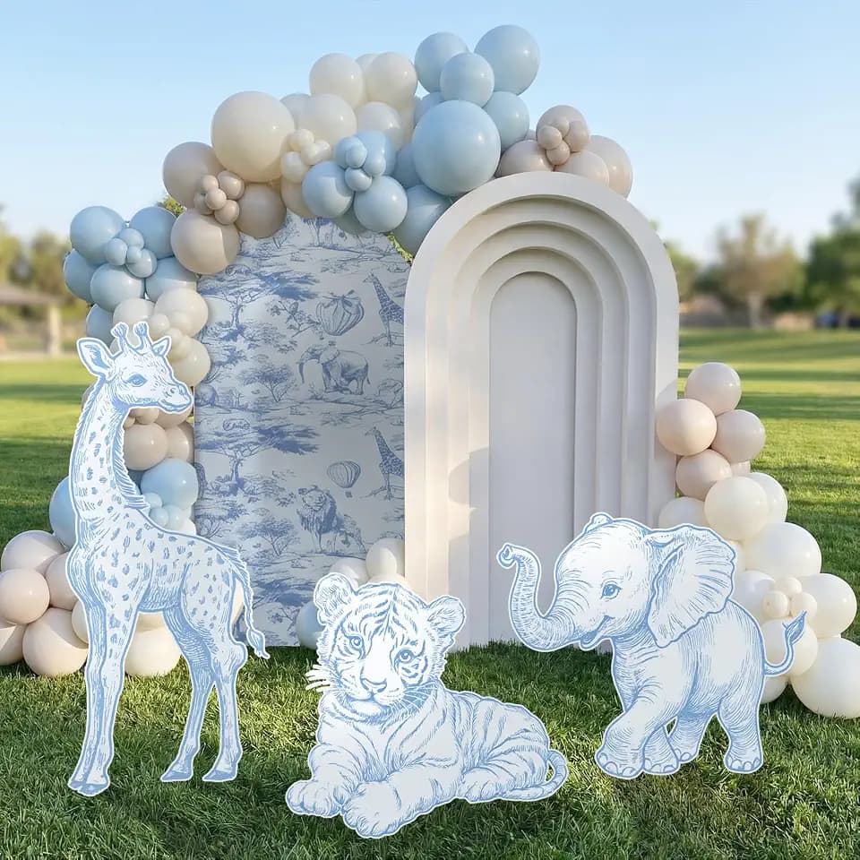 Eaasty 3 Pcs Blue Toile De Jouy Baby Shower Decor, Safari Animal Cutouts