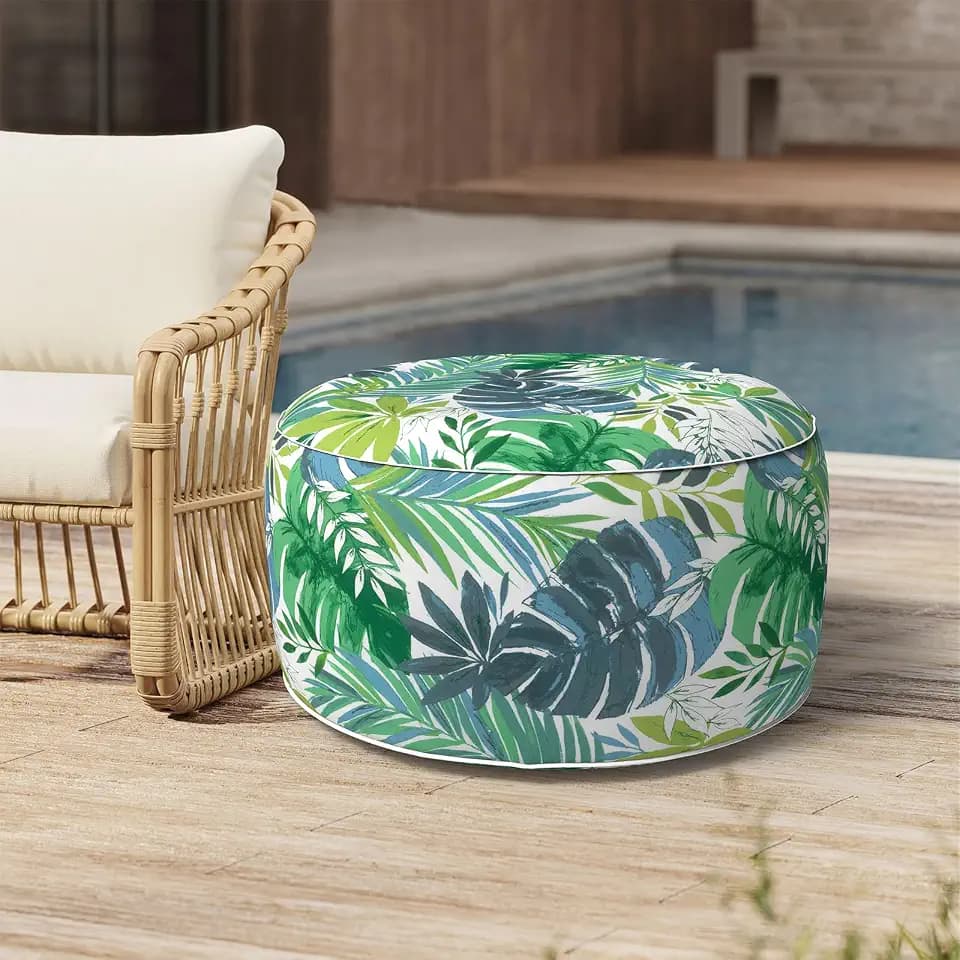 Outdoor Inflatable Stool, All Weather Portable Footrest, Furniture Stool Ottomans for Home Garden Beach, D31'xH14', Islamorada Blue Green