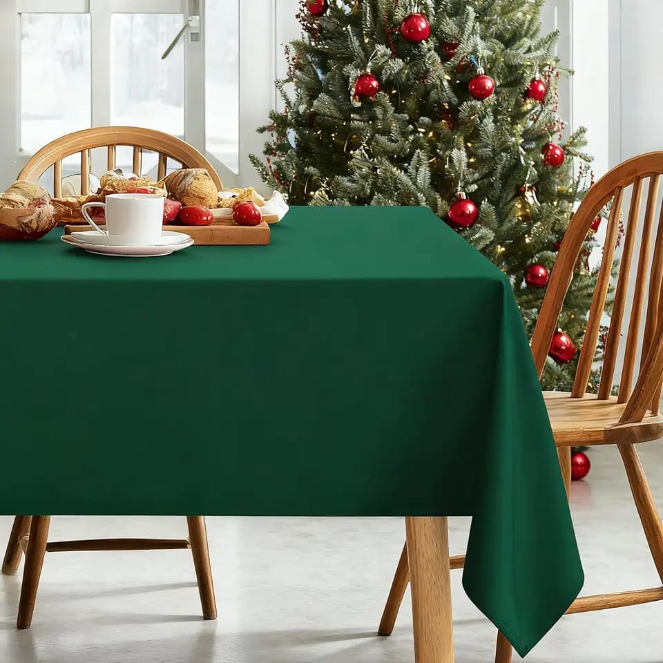 DWCN Rectangle Christmas Tablecloth - 60 x 84 Inch - Wrinkle Resistant Washable Table Cloth, Decorative Fabric Table Cover for Kitchen Dining Room Party and Outdoor Use, Hunter Green