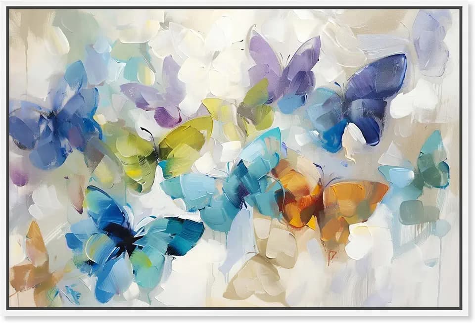 Art Remedy Fluttering Butterflies Framed Butterfly 1 Piece Canvas Wall Art, 31" x 21", White Frame