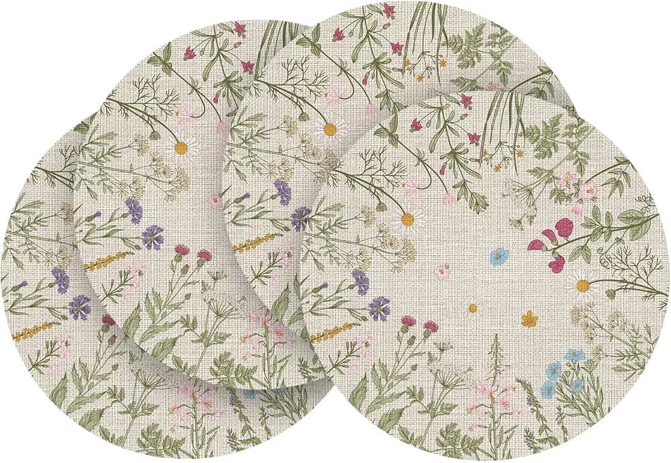 Artoid Mode Wildflower Vinyl Round Placemats Set of 4, 14 Inch Washable Non-Slip Platic PVC Table Mats for Party Kitchen Dining Decor