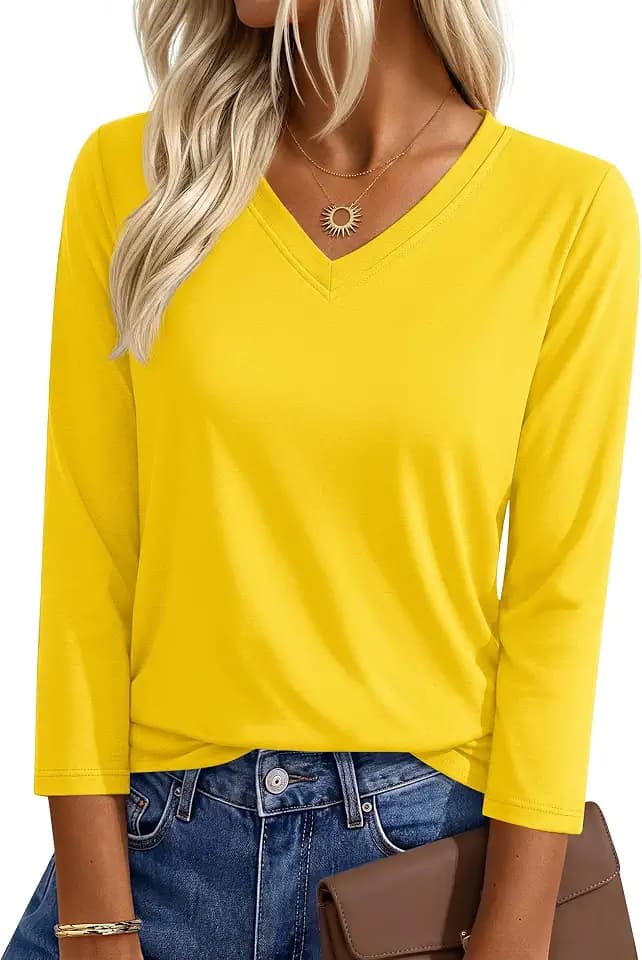 YUCOLEN 3/4 Length Sleeve Womens Tops V Neck Cotton Casual T Shirts