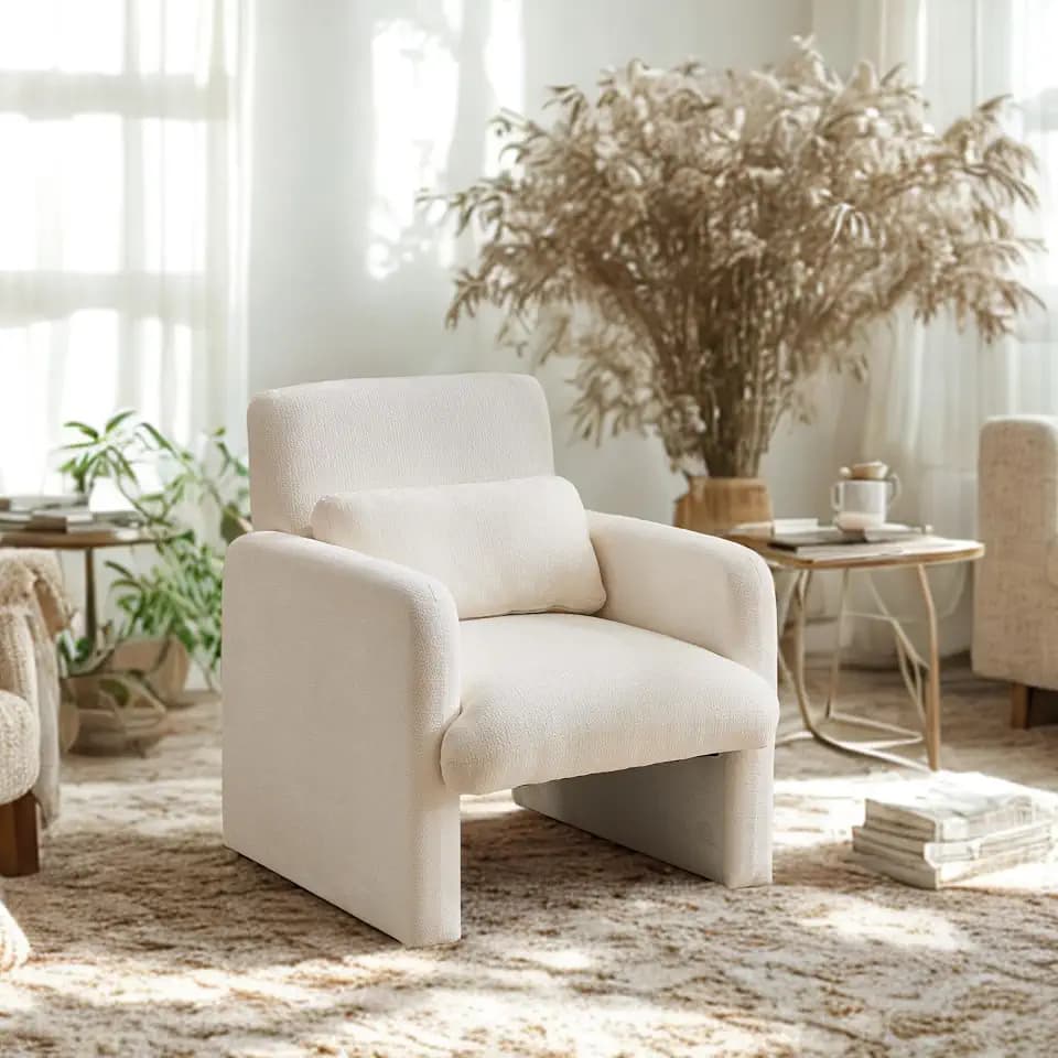GDFStudio 30" Modern Accent Chair, Upgrade Leisure Boucle Upholstered Armchair with Straight Arms and Waist Pillow, Comfy Single Sofa Chair for Living Room Bedroom Office Apartment, Ancient White