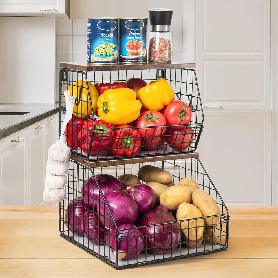 Mefirt Fruit Basket, Stackable Wall Mounted Fruit Baskets, Potato Baskets Onion Storage for Kitchen, Hanging Wire Basket with Wood Lid, 2-Tier Vegetable Organizer Kitchen Countertop Organization