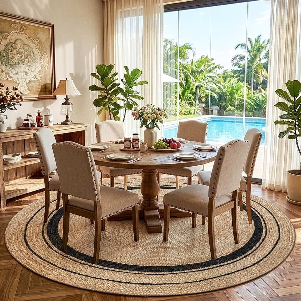 LUMI 9' Round Natural Jute Area Rug, Braided Farmhouse Rug