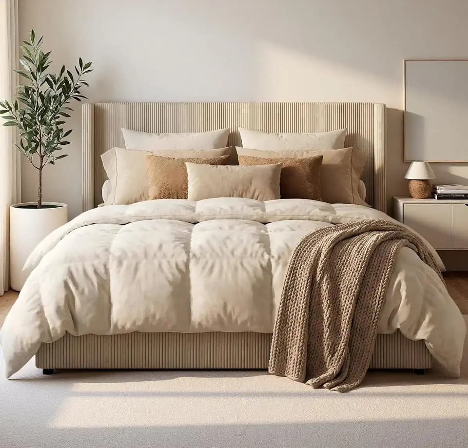 IDEALHOUSE Corduroy Queen Size Bed Frame with 4 Storage Drawers, Beige