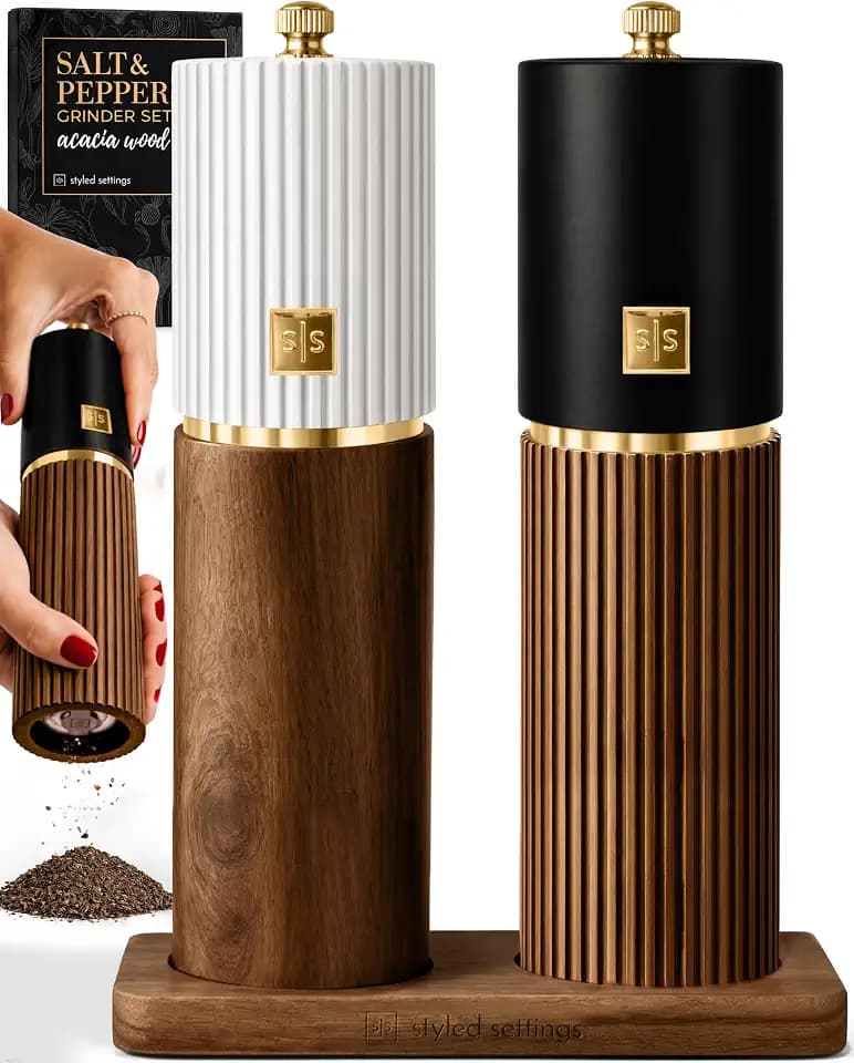 Styled Settings Wooden Salt and Pepper Grinder Set, White, Black, Acacia