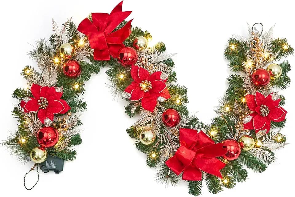 Garvee 6 Feet Christmas Garland with Lights & Red Poinsettias for Mantle