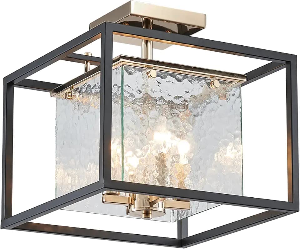 AGV LIGHTING Semi Flush Mount Ceiling Light Fixture, 4-Lights E12 Base, Hazy Textured Glass Shade, Matte Black & Shine Gold Finish