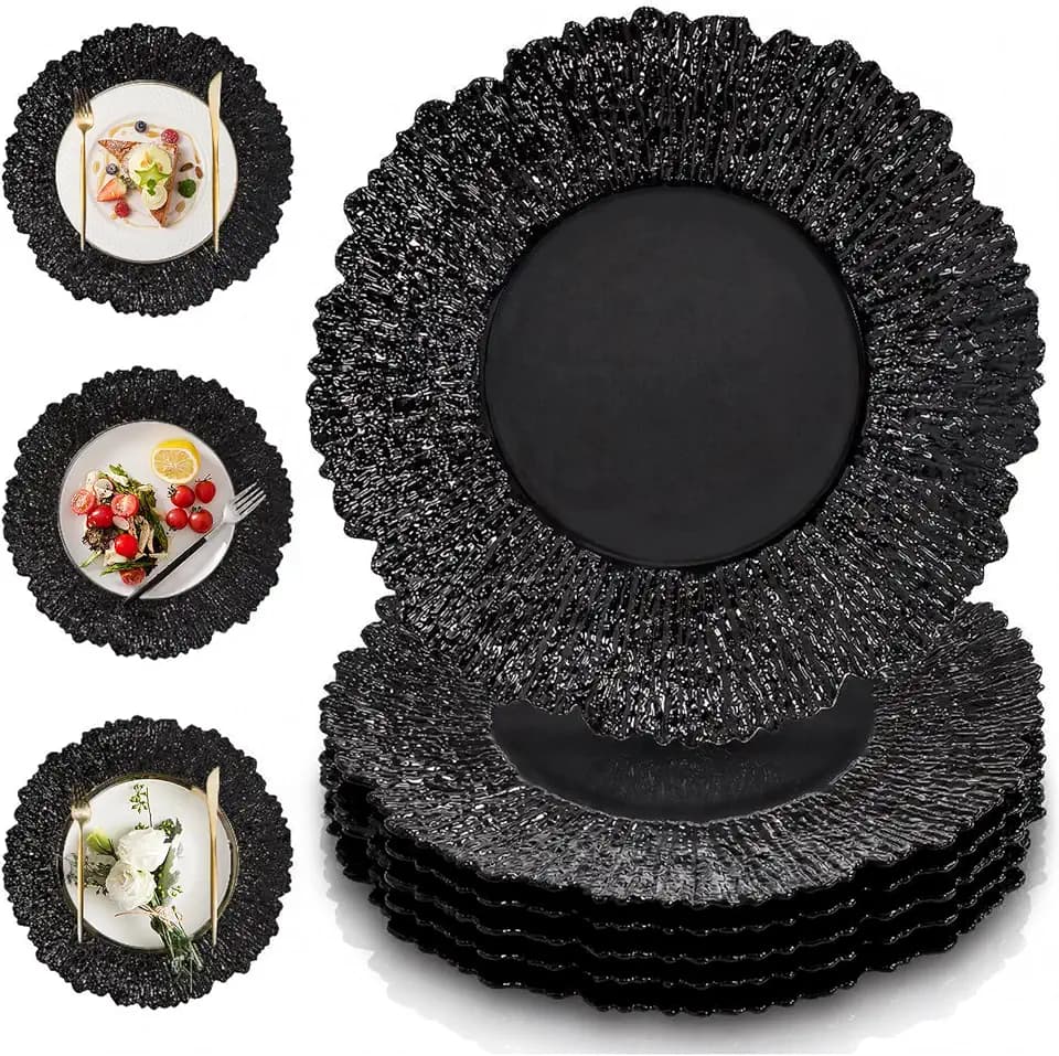 PROY 100 Pcs Black Chargers for Dinner Plates, 13" Reusable Reef Serving Black Chargers, Round Plastic Shiny Decorative Charger Plates for Wedding, Catering, Parties, Restaurant, Home Dinner Use
