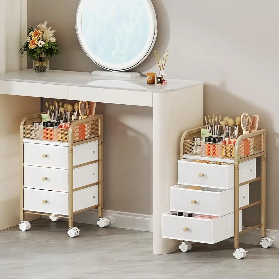 SWTYMIKI Rolling Makeup Organizer Cart - Under Desk Vanity Makeup Storage with 3 Non-woven Drawers, Nail Cart Organizer Cosmetic Display Cases Cabinet for Skin Care Perfume Nail Polish Brush Hair Tool