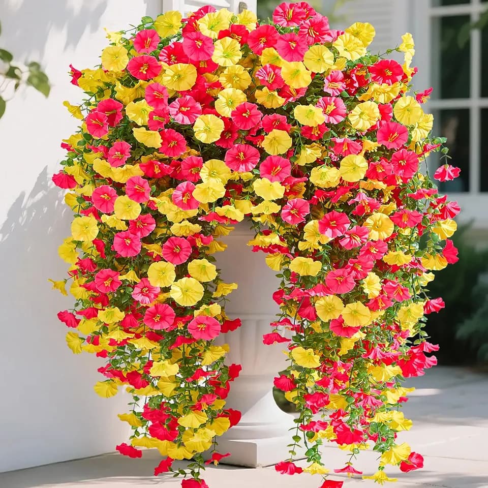 Serwalin Artificial Hanging Flowers for Outdoors UV Resistant, 4PCS Faux Morning Glory Fake Outdoor Flowers Realistic Silk Flower Plants for Outside Planter Front Door Porch Patio Yard Decor