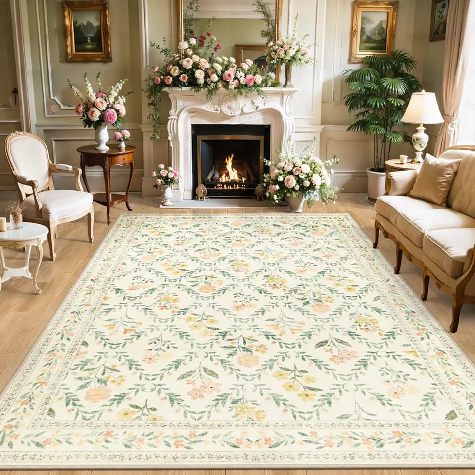 PLHXFR Area Rug 9x12 Living Room: Floral Washable Boho Carpet Beige Multi