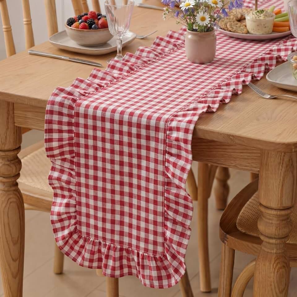 Tegeme Red Gingham Ruffled Table Runner 12 x 72 in Plaid Farmhouse