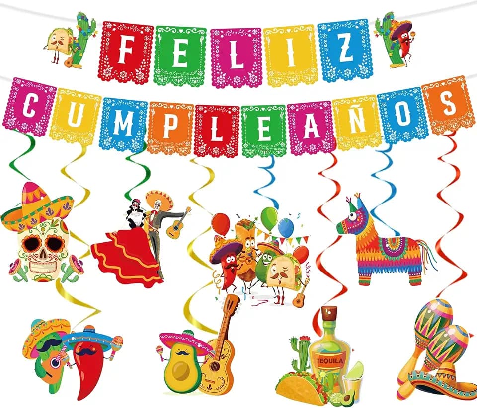 Rakuto Mexican Birthday Party Decorations - 10PCS Mexican Party Decorations Feliz Cumpleaños Banner Hanging Swirls Decoration Fiesta Themed Día De Los Muertos Cinco De Mayo Birthday Decor Supplies