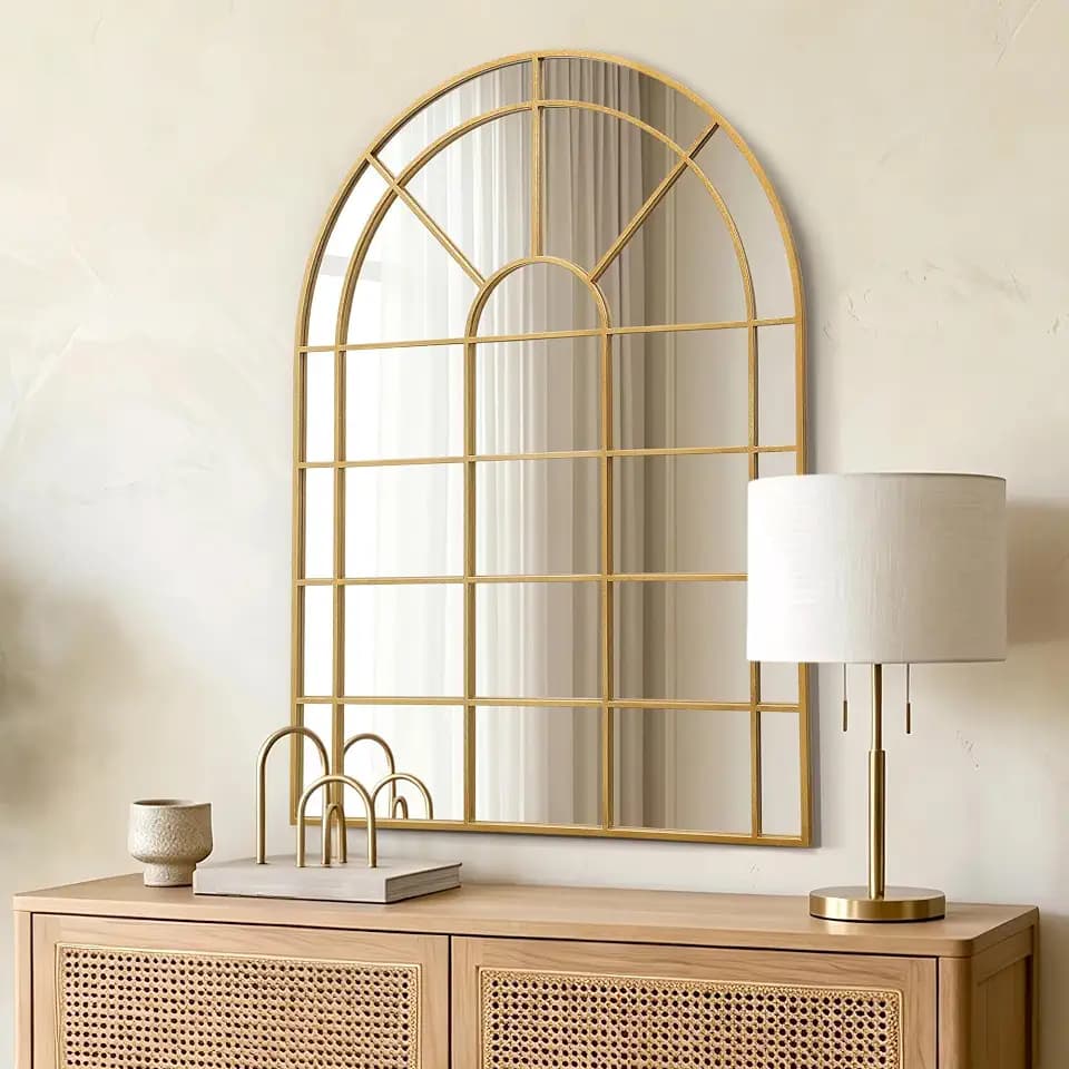 Besdomus Large Gold Arched Mirror: 29"x42" Gilded Ornate Window Pane Mirror