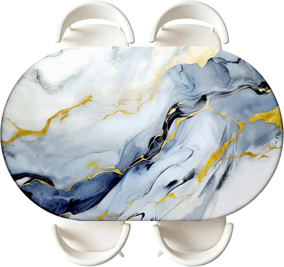 Marble Fitted Oval Tablecloth, Outdoor Table Cover, Elastic Edge Design, Suitable for 48" x 68" Oval Tables, Anti Wrinkle and Scratch Resistant, Easy Clean & Stain Resistant, Polyester
