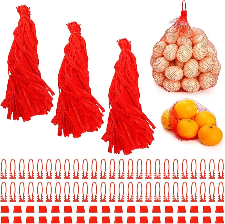 Hedume 300 Pack 20'' Mesh Nylon Netting with Loop-Style Closures, Red Reusable Produce Mesh Bags, Expandable Plastic Produce Bags for Fruit, Seafood, Crab, Garlic, Eggs Packing Supplies