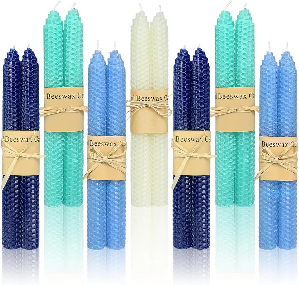 Kissingfish Beeswax Taper Candles, Handmade Bees Wax Candles for Home, Unscented & Dripless Candle Sticks, 9" Tall, Navy Blue,Light Blue,Cyan&White Candles, 14 Pcs