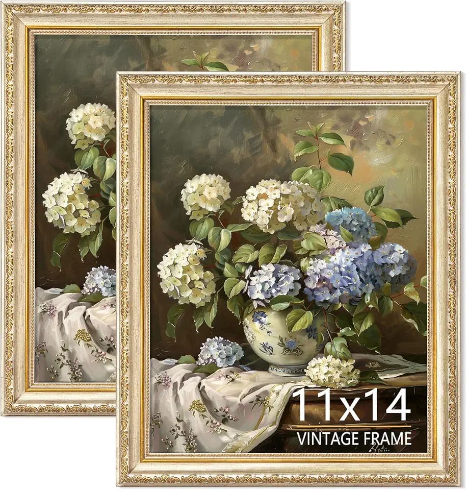 11x14 Vintage Picture Frames Set of 2, Ornate Champagne Silver Photo Frame with Warm Light Gold Tone, Antique Frame for Wall and Tabletop Decor, Retro Home Decoration & Gift, 2 Pack