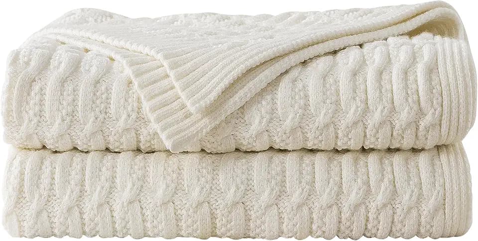 WDCOZY White Cable Knit Throw Blanket – Super Soft, Warm & Lightweight Cream Knitted Jacquard Throw Blanket for Couch, Sofa, Bed, Chair, Cozy Texture Farmhouse Decorative Home Blanket, 60x80 inches