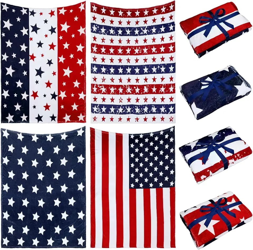 Hahafelt 4 Pack American Flag Throw Blanket Flannel Red White Blue Stars