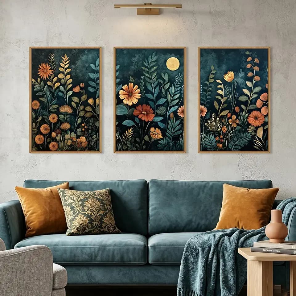 Moody Blue Floral Botanical Framed Canvas Wall Art Set-16"x24"x3